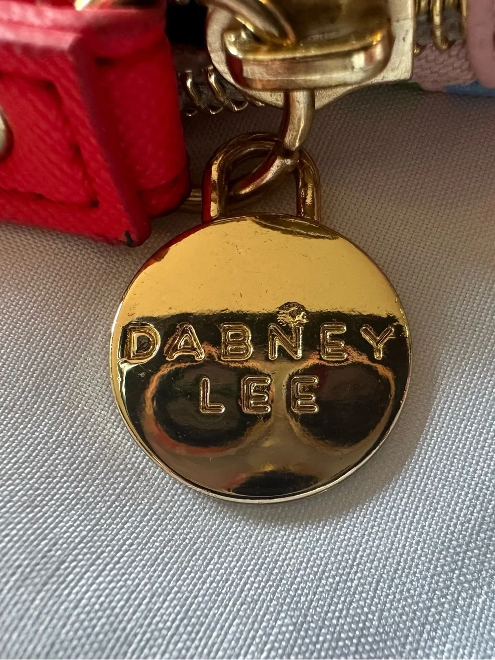 Dabney Lee Rainbow Zipper Pouch with Gold Medallion Charm and Red Accent Bottom